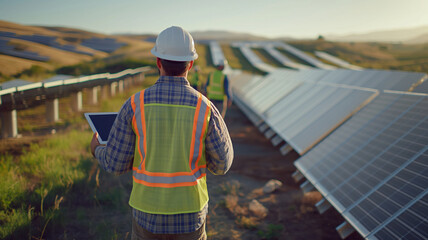 Maintenance crew ensuring solar panel efficiency in a solar farm, emphasizing careful attention

