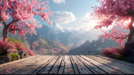 A wooden dock with a view of a mountain range, pink cherry blossom trees, and a clear blue sky.