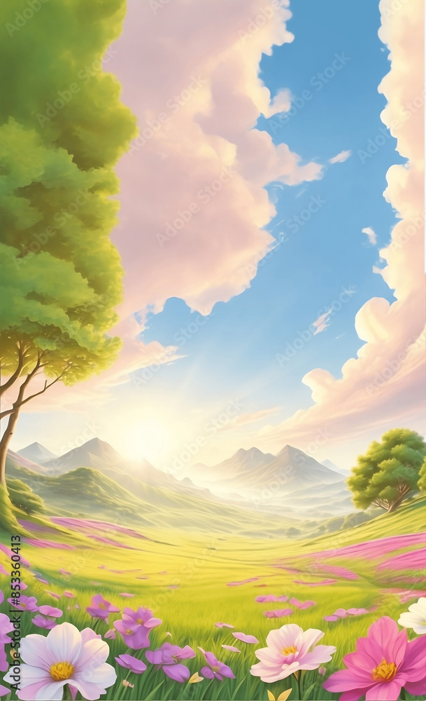 Long vertical animated nature podium image of bright spring day with ...