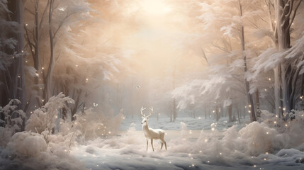 Forest painting of snow falling on trees with deer in a landscape