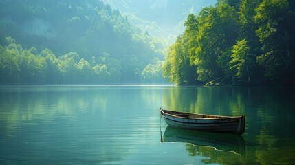 A wooden kayak or canoe on water with beautiful lake