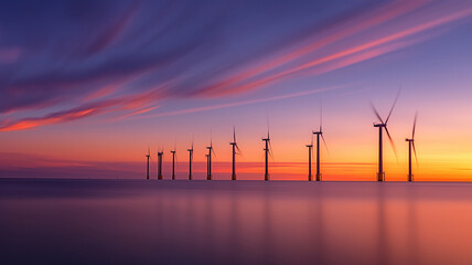Wall Mural - Renewable energy concept: wind turbine at sea during colorful sunset
