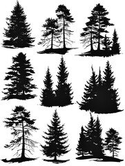 Wall Mural - set of black silhouette pine tree forests on white background