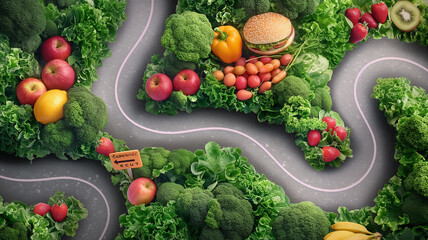 Pathways illustrated in 3D, bordered by thriving vegetables like tomatoes, highlighting the path to a healthy lifestyle
