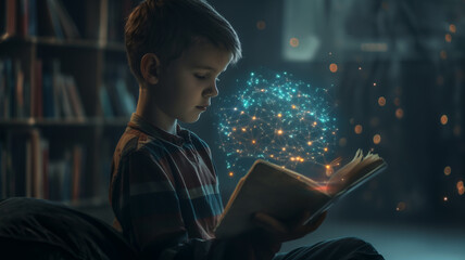 Child reading intently, neuroplasticity concept illustrated