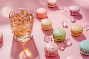 Poster - Multi-colored macaroons of different flavors and glass with drink on a pink background with a shadow 