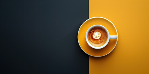 A coffee cup with a white rim and a yellow base sits on a table. The cup is filled with coffee and has a small white flower on top. The image has a warm and inviting mood
