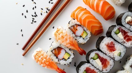 Wall Mural - A plate of sushi with a variety of different types of sushi rolls and chopsticks. The sushi rolls are arranged in a visually appealing manner, with some rolls being larger and others smaller