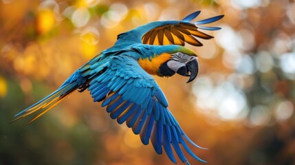 Wall Mural - A blue and yellow parrot is flying through the air. The bird's wings are spread wide, and it is enjoying the freedom of flight. The scene is vibrant and lively