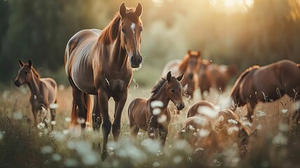 A group of horses are standing in a field of grass. The horses are of different sizes, with one being the largest and the others being smaller. The scene is peaceful and serene