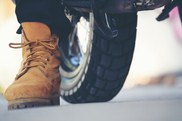 Wall Mural - Men wear construction Boots safety footwear for worker at construction site. Engineer Wear Jeans Brown Boots Worker on Background of Refinery. Engineer safety industry fashion footwear walking outdoor