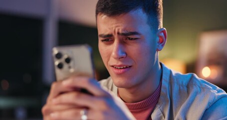 Home, surprise and man with cellphone, typing to contact and error message in living room. Person, apartment and guy with smartphone, shocked and digital app to reading sports results, wtf and text