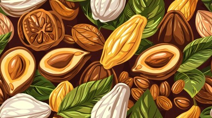 Wall Mural - A Seamless Pattern of Cocoa, Almonds and Leaves