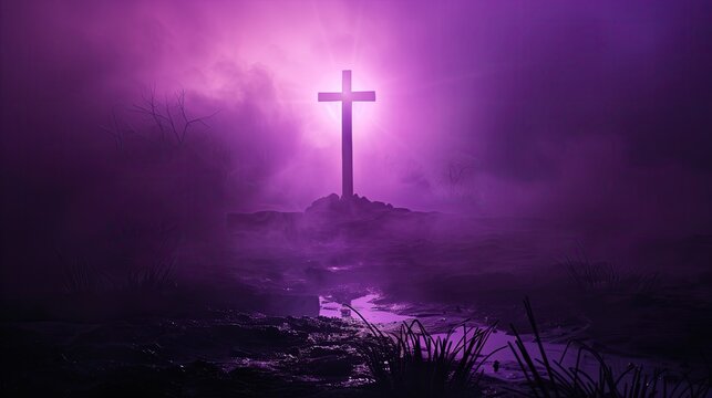 Purple Christian Faith Online Web Graphic Background, Christianity Church Biblical Design Wallpaper, Cross Jesus Christ of Nazareth Minimalist Art Backdrop Violet Color Bible Banner