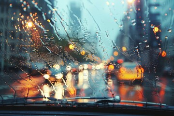 Wall Mural - a rainy cityscape seen through a clear windshield with effective wipers