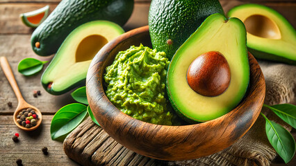 Wall Mural - halved avocado and guacamole in a wooden bowl for healthy food concepts.