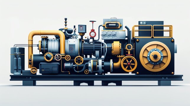 A detailed illustration of a complex industrial engine with intricate piping and machinery.
