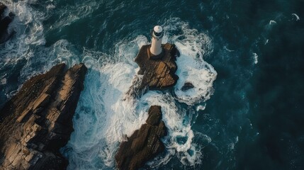 A breathtaking aerial view of a lighthouse standing on a rock surrounded by vast liquid water, showcasing the beauty of natural landscape and perfect for leisure and recreation AIG50