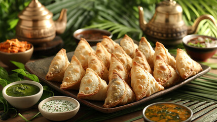 Wall Mural - Samosas Sprinkled with Cut Leaves, Served Warm, Indian Cuisine