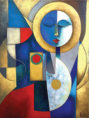 Poster - An abstract painting featuring a womans face with closed eyes and geometric shapes in various colors