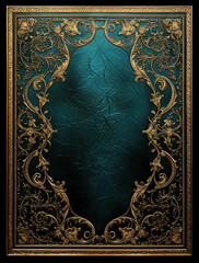 An ornate vintage frame in gold and teal, with intricate floral patterns and decorative borders for a book cover design