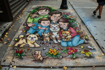 a chalk drawing on a sidewalk of a family and their pets