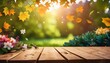 © Tilak - Autumn images, Autumn leaves on a wooden background, autumn green leaves falling copy space background for your text and design, wooden table top.