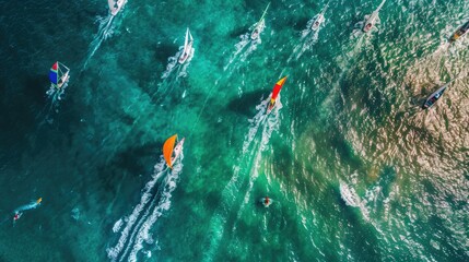 Wall Mural - A group of sailboats is peacefully floating on the calm water, creating a picturesque scene of adventure and recreation. The electric blue sky above adds to the beauty of the event AIG50