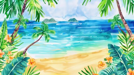 Wall Mural - Tropical beach flat design front view vacation theme water color vivid 