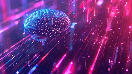 Wall Mural - An abstract banner featuring a AI brain with holographic data streams and neon lights, highlighting AI technology.