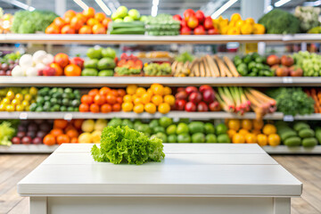 Wall Mural - Perspective Empty table in supermarket fruits and vegetables shelf