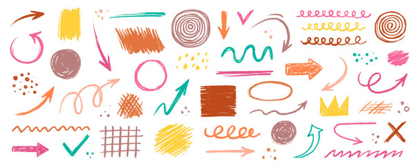 Aufkleber - Arrow abstract brush line stroke color vector set. Kid color paint square, spiral, arrow element shape scribble line brush hand drawn sketch design. Grunge abstract chalk, crayon pencil style. Vector