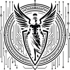 apollo greek deity silhouete with cyberpunk pattern illustration