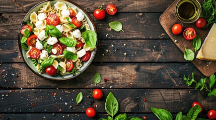 A dish of pasta salad featuring tomatoes, spinach, and mozzarella served on a rustic wooden table. The perfect blend of natural foods and fresh ingredients AIG50