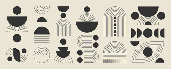 Wall Mural - hand drawn abstract minimal element mid century vector set. aesthetic contemporary stripe line art, 