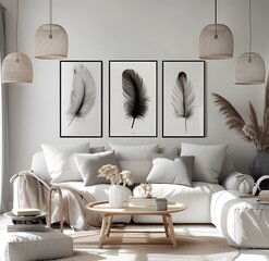 Wall Mural - A living room wall features three black and white posters ai generative