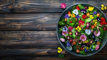 Wall Mural - A colorful salad bowl decorated with edible flowers sits on a rustic wooden table, creating a beautiful and artistic display of natures bounty AIG50