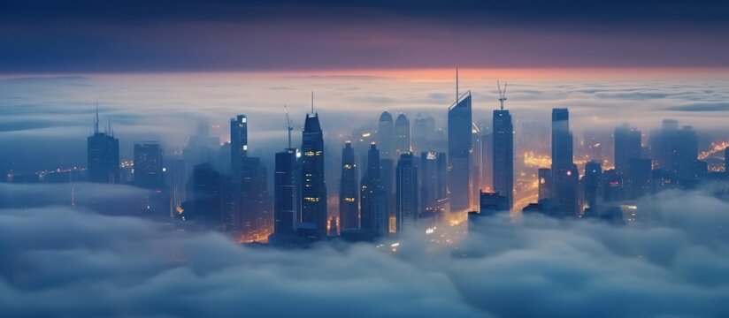 Impressive city skyline view on a foggy morning