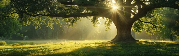 Wall Mural - Sunlight Filtering Through a Large Tree in a Lush Green Forest