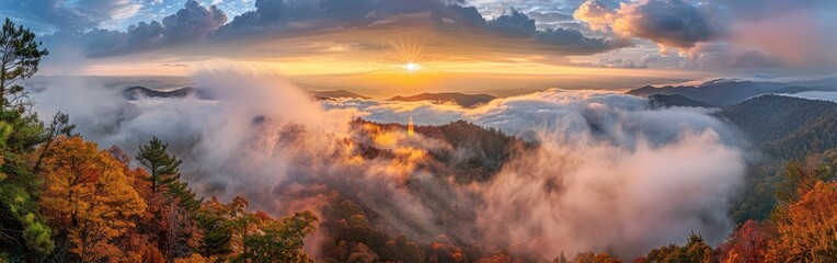 Canvas Print - Autumn Sunrise Over Foggy Mountain Range