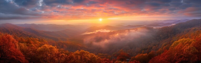 Canvas Print - Scenic Sunrise Over Autumnal Mountain Ranges