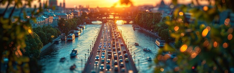Evening Traffic on a River in a European City