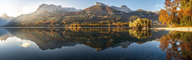 Wall Mural - Autumnal Reflection of Mountains and Trees on Lake in Slovenia