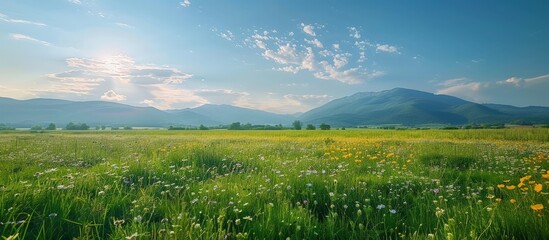 A breathtaking view of a lush green meadow filled with wildflowers, set against the backdrop of majestic mountains under a clear blue sky.