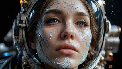 woman astronaut in spacesuit close up portrait.