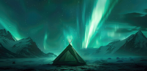 Wall Mural - A green tent in the wilderness under the aurora