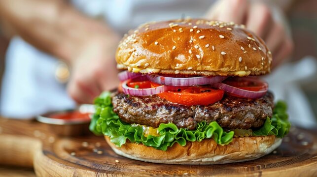 A close-up of a juicy hamburger with fresh vegetables, including lettuce, tomato, and onion, on a wooden surface.