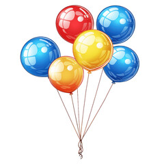 Balloon in cartoon style Bunch of balloons for birthday and party Flying ballon with rope Blue red and yellow ball isolated on transparent background PNG