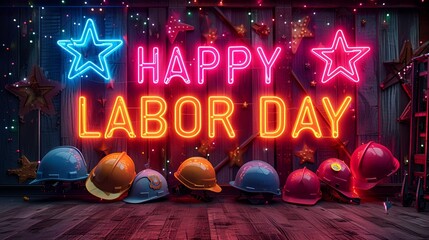 Wall Mural - HAPPY LABOR DAY” sign - graphic resource - full screen background - bold letters - hard hats - organized labor - American flag - patriotic 