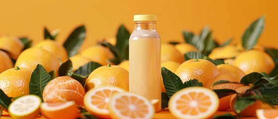 Wall Mural - Natural bio supplement Vitamin C bottle mockup, surrounded by fresh oranges, vivid orange background, dynamic advertising design
